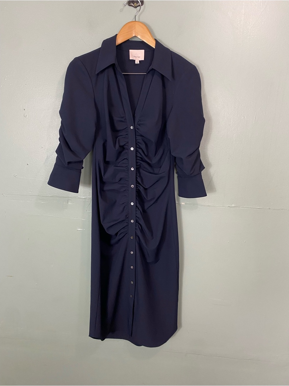 Cinq A Sept Elina Ruched Midi Navy Blue Shirtdress Size 6 - Picture 2 of 6